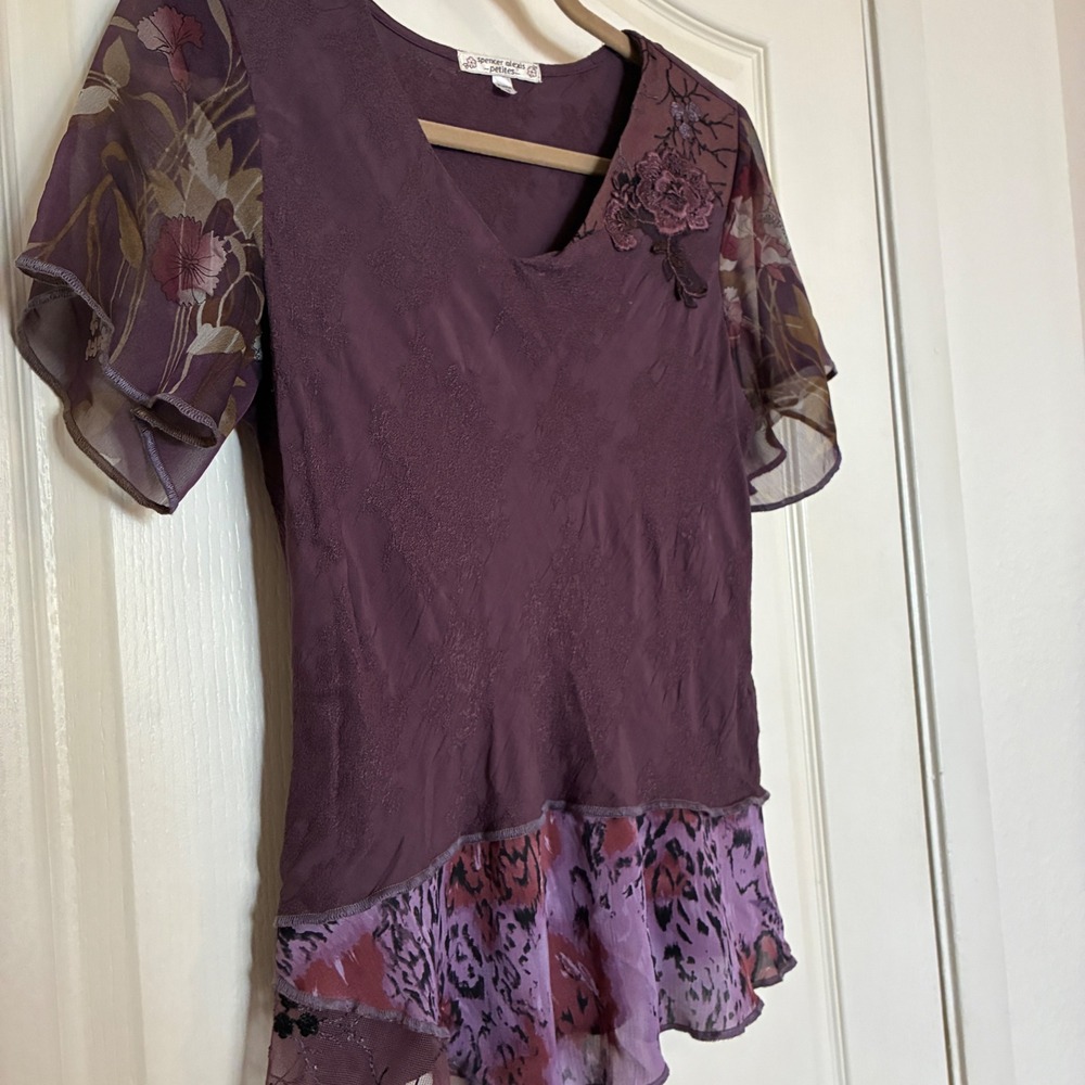 Vintage Fairycore Asymmetric Top Women Size 10P Purple Sheer Floral Whimsy